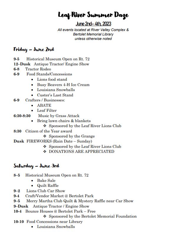 Schedule of Events | Leaf River Summer Daze Festival 2023